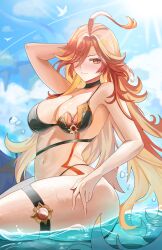  absurdres ahoge bikini black_bikini blue_sky breasts colored_inner_hair commentary_request female genshin_impact highres large_breasts mavuika_(genshin_impact) multicolored_hair navel ocean orange_hair red_eyes red_hair sevenninet47503 sky solo stomach swimsuit symbol-shaped_pupils thighs two-tone_hair 