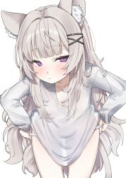  animal_ears bent_over breasts cat_ears cat_girl cat_tail commentary commission expressionless female grey_hair hanakonenne highres long_hair long_sleeves looking_at_viewer no_pants original panties panty_pull purple_eyes see-through_silhouette shirt small_breasts tail underwear very_long_hair white_panties white_shirt 