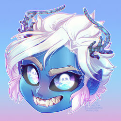  1:1 2021 antler_markings antlers artist_name black_antlers black_sclera blue_background blue_body blue_eyes blue_markings blue_skin colored demon demon_humanoid digital_drawing_(artwork) digital_media_(artwork) english_description eyebrows eyelashes female gael_(gaelfox) gaelfox gradient_background grey_eyebrows gums hair headshot_portrait hi_res horn horned_humanoid humanoid humanoid_pointy_ears instagram light lighting looking_at_viewer markings multicolored_eyes outline patreon pink_gums pointy_ears portrait pupils queen royalty shaded sharp_teeth short_hair simple_background skull_pupils smile smiling_at_viewer solo teeth text twitter white_hair white_outline white_pupils 