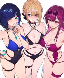  3girls absurdres alternate_costume bikini black_bikini black_choker blonde_hair blue_hair blue_nails blush breasts choker cleavage collarbone covered_navel criss-cross_halter crossed_arms crossover diagonal_bangs earrings evelyn_chevalier eyes_visible_through_hair eyewear_on_head feet_out_of_frame genshin_impact green_eyes halterneck hand_on_own_hip hand_up highres honkai:_star_rail honkai_(series) jewelry kafka_(honkai:_star_rail) large_breasts long_hair looking_at_viewer mole mole_on_breast mole_under_eye multiple_girls nail_polish navel one-piece_swimsuit one_eye_closed paid_reward_available parted_lips patreon_username pince-nez purple_bikini purple_eyes purple_hair qiandaiyiyu short_hair sidelocks simple_background skindentation smile standing stomach swimsuit symbol-shaped_pupils thigh_strap tongue tongue_out white_background yelan_(genshin_impact) zenless_zone_zero 