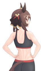  absurdres alternate_costume animal_ears ass back bare_shoulders black_leggings black_sports_bra braid braided_hair_rings breasts brown_hair cai_ji_(user_jmrv4342) closed_mouth commentary_request ear_covers ear_ornament female from_behind gentildonna_(umamusume) hair_rings hands_on_own_hips highres horse_ears horse_girl horse_tail lats leggings medium_breasts medium_hair midriff red_eyes revision simple_background smile solo sports_bra tail tail_through_clothes toned toned_female umamusume white_background 