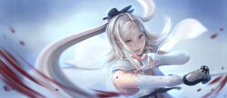  art_study back_cutout belt black_bow black_ribbon blood blood_on_arm blood_on_gloves blood_splatter blood_spray blue_sky bow cape closed_mouth clothing_cutout cloud cloudy_sky color_study commentary day drag-on_dragoon drag-on_dragoon_3 dress elbow_gloves english_commentary female fingerless_gloves floating_cape floating_hair gloves hairbow highres holding holding_sword holding_weapon light_smile lips long_hair looking_at_viewer outdoors red_eyes ribbon shoulder_belt sky slashing solo standing stomach_cutout sue_keruna sword upper_body waist_ribbon weapon white_belt white_cape white_dress white_hair zero_(drag-on_dragoon) 