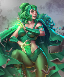  cape clothing_cutout douglas_bicalho female green_cape green_eyes green_hair green_leotard green_pantyhose highres hip_vent leotard long_hair looking_to_the_side marvel pantyhose polaris_(x-men) signature solo x-men 