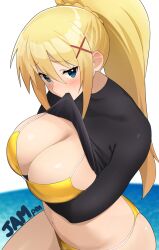 arm_under_breasts artist_name bikini black_shirt blonde_hair blue_eyes breasts cleavage clothes_lift darkness_(konosuba) female high_ponytail highres jampen kono_subarashii_sekai_ni_shukufuku_wo! large_breasts ponytail shirt shirt_lift solo swimsuit yellow_bikini 