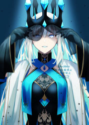  absurdres black_dress black_gloves blue_eyes blue_lips crown dress fate/grand_order fate_(series) female gloves highres long_hair looking_at_viewer morgan_le_fay_(fate) morgan_le_fay_(queen_of_winter)_(fate) nakanohiro parted_lips simple_background solo upper_body veil watermark white_hair wide_sleeves 