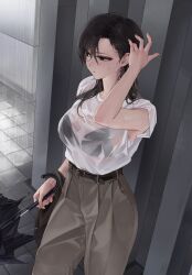  arm_up belt black_belt black_eyes bra_visible_through_clothes breasts brown_pants commentary_request female from_above hair_behind_ear hair_over_shoulder highres holding holding_umbrella large_breasts long_hair original outdoors pants rain sabotensuteeki see-through_clothes see-through_shirt shirt shirt_tucked_in solo standing taking_shelter tile_floor tiles umbrella water_drop wet wet_clothes wet_hair white_shirt 