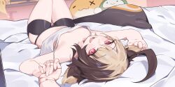  2girls :d absurdres bed_sheet bike_shorts black_shorts blonde_hair breasts brown_hair camisole cecilia_immergreen commentary gigi_murin grem_(gigi_murin) highres hip_vent holding_hands hololive hololive_english indoors jknor knee_up looking_at_viewer lying multicolored_hair multiple_girls navel on_back open_mouth otomo_(cecilia_immergreen) pink_eyes pov pov_hands short_hair short_shorts short_twintails shorts small_breasts smile solo_focus tail thigh_gap twintails two-tone_hair upside-down virtual_youtuber white_camisole 