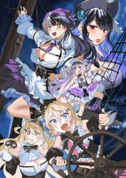  5girls :d absurdres animal_ear_fluff animal_ears bandana binoculars black_bandana black_corset black_hair black_horns blonde_hair blush breasts cleavage corset demon_horns detached_wings dog_ears dog_girl dress frilled_dress frills fuwawa_abyssgard hat headscarf highres holding holding_binoculars holoadvent hololive hololive_english horns jewelry koseki_bijou large_breasts layered_skirt metal_wings mini_hat mococo_abyssgard multicolored_hair multiple_girls nerissa_ravencroft official_alternate_costume open_mouth pirate_costume pirate_hat puffy_sleeves purple_eyes purple_hair purple_headscarf red_eyes red_lips ring set7 shiori_novella ship&#039;s_wheel skirt smile split-color_hair teeth upper_teeth_only virtual_youtuber white_dress white_hair wings yellow_eyes 