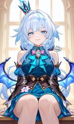  blue_dress blue_eyes blue_hair breasts cerydra_(honkai:_star_rail) commentary crown detached_sleeves dress female hair_intakes highres honkai:_star_rail honkai_(series) indoors long_hair looking_at_viewer medium_breasts mini_crown sitting smile solo thighs wings zhaohua 