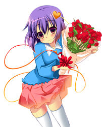  blouse blush bouquet commentary_request female flower heart kazuta_(kazutan62) komeiji_satori miniskirt pleated_skirt purple_hair red_eyes red_flower red_rose rose shirt short_hair skirt smile solo thighhighs third_eye touhou white_thighhighs zettai_ryouiki 