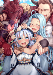  2boys 2girls :d ^_^ ahoge armor blush bracelet bridal_gauntlets character_request closed_eyes commentary_request cowboy_shot dragon draph dress granblue_fantasy grueler hair_intakes hair_ornament hairband hand_on_another&#039;s_head holding_hands horns jewelry lily_(granblue_fantasy) long_hair long_sleeves looking_at_another looking_at_viewer lyria_(granblue_fantasy) multiple_boys multiple_girls opanchu_(hakusen) open_mouth pointy_ears sidelocks smile tears vyrn_(granblue_fantasy) wide_sleeves 