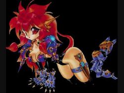  armor boots breasts cleavage dragon_half large_breasts long_hair lowres mink red_eyes red_hair simple_background 