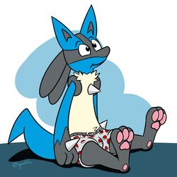  1:1 2016 3_toes ambiguous_gender anthro biped boxers_(clothing) canid canine clothing feet geekfox generation_4_pokemon hi_res lucario mammal nintendo pawpads pokemon pokemon_(species) pseudo_clothing pseudo_clothing_removed sitting solo toes underwear 