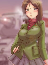  bad_id bad_pixiv_id blue_eyes blush brown_hair commentary female girls_und_panzer hand_on_own_hip jacket lens_flare long_hair long_sleeves military military_vehicle miniskirt motor_vehicle nonna_(girls_und_panzer) pleated_skirt pravda_school_uniform school_uniform sig_(sotokanda_delta_force) skirt solo standing tank turtleneck 