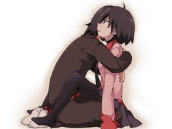  1boy ahoge araragi_koyomi black_eyes black_hair black_necktie black_pants black_pantyhose black_skirt breasts commentary_request covered_face crying crying_with_eyes_open empty_eyes female from_side gakuran hammer_(sunset_beach) hug legs_on_another&#039;s_lap long_sleeves monogatari_(series) naoetsu_high_school_uniform necktie no_shoes oshino_ougi pants pantyhose parted_lips pink_shirt protected_link school_uniform shirt short_hair simple_background sitting skirt sleeves_past_fingers sleeves_past_wrists small_breasts tears thighhighs tsurime white_background white_legwear 