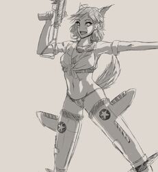  animal_ears anne_frank assault_rifle female fox_ears fox_girl fox_tail front-tie_top goggles goggles_around_neck grey_background gun imi_galil midriff monochrome navel noccu open_mouth orange_theme panties parody rifle shirt simple_background smile solo source_request striker_unit tail tied_shirt trigger_discipline underwear weapon world_witches_series 