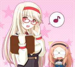  2girls ^^^ anna_(sennen_sensou_aigis) blush book breasts commentary_request eighth_note glasses hairband katie_(sennen_sensou_aigis) long_hair medium_breasts multiple_girls musical_note open_mouth photoshop_(medium) red-framed_eyewear red_eyes sennen_sensou_aigis shiumai smile spoken_musical_note upper_body 