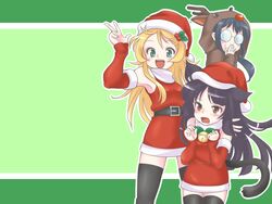  3girls @_@ animal_costume animal_ears black_hair cat_ears christmas commentary_request glasses gokou_ruri green_eyes highres kotomi_(happy_colors) kousaka_kirino long_hair makishima_saori multiple_girls orange_hair ore_no_imouto_ga_konna_ni_kawaii_wake_ga_nai red_eyes reindeer santa_costume tail thighhighs 