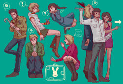  ! ... 4boys 4girls ? alessa_gillespie alex_shepherd arrow_(symbol) bad_id bad_pixiv_id beard blood blue_dress boots breasts cleavage collared_shirt dress eileen_galvin eyepatch facial_hair full_body green_background heather_mason henry_townshend holding hood hooded_vest hoodie industrial_pipe jacket james_sunderland knee_boots long_sleeves medium_breasts miniskirt multiple_boys multiple_girls photoshop_(medium) pocket pointing ponytail shirt silent_hill:_homecoming silent_hill_(series) silent_hill_1 silent_hill_2 silent_hill_3 silent_hill_4:_the_room simple_background skirt speech_bubble spoken_ellipsis spoken_exclamation_mark spoken_question_mark spoken_skull spoken_squiggle squatting squiggle suitcase vest walter_sullivan xddmlgb 