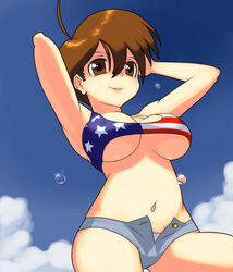  ahoge american_flag american_flag_bikini american_flag_print armpits bikini bikini_top_only breasts brown_eyes brown_hair commentary_request female flag_print from_below grey_shorts large_breasts navel no_shirt open_fly panties pantyshot print_bikini short_hair short_shorts shorts smile solo strap_gap swimsuit tim_buktu umihara_kawase umihara_kawase_(character) underboob underwear unzipped 