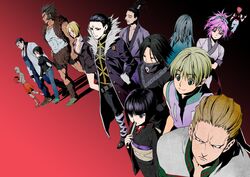  3girls 6+boys aquiline_nose bandages beard black_hair blonde_hair bonolenov_ndongo boxing_gloves brown_hair chrollo_lucilfer commentary_request earrings facial_hair feitan_portor franklin_bordeau glasses hisoka_morow hunter_x_hunter indesign jewelry kalluto_zoldyck korutopi long_hair machi_komacine mole mole_under_mouth moustache multiple_boys multiple_girls nobunaga_hazama pakunoda phinks_magcub red_hair shalnark shizuku_murasaki short_hair uvogin 