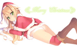  arima_senka ass blonde_hair blush boots capelet female glasses gloves green_eyes hat kashiwamochi_yomogi long_hair looking_at_viewer lying merry_christmas on_stomach original panties photoshop_(medium) red_thighhighs santa_hat solo thighhighs underwear white_panties 