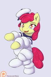  2015 alasou apple_bloom_(mlp) biped blue_border border clothing cosplay costume earth_pony english_text equid equine female feral friendship_is_magic fur ghostbusters hair hasbro hat headgear headwear hi_res horse mammal my_little_pony orange_eyes patreon patreon_logo patreon_username pony red_hair simple_background solo stay_puft stay_puft_marshmallow_man text url website_logo yellow_body yellow_fur 