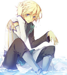  1boy asymmetrical_clothes blonde_hair boots commentary_request detached_sleeves fai_d._flowright hand_on_own_head male_focus maro_(nikeneko523) pants sitting solo tsubasa_chronicle water wet white_background 