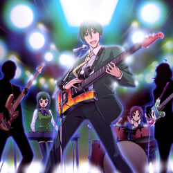  2boys 3girls :d band bass_guitar black_thighhighs blazer bow commentary_request drum drum_set green_eyes green_hair guitar headset idolmaster idolmaster_(classic) idolmaster_dearly_stars instrument ishikawa_minori jacket keyboard_(instrument) microphone microphone_stand mole mole_under_mouth multiple_boys multiple_girls necktie open_mouth otonashi_kotori ozaki_reiko photoshop_(medium) producer_(idolmaster) red_eyes short_hair smile stage_lights striped striped_necktie t-hiko takagi_jun&#039;ichirou thighhighs 