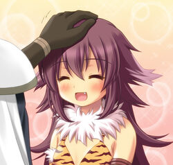  ahoge animal_ears animal_print bad_id bad_pixiv_id bella_(sennen_sensou_aigis) blush brown_hair closed_eyes female fur_trim headpat long_hair oerba_yun_fang open_mouth out_of_frame photoshop_(medium) sennen_sensou_aigis shiumai smile solo_focus tiger_print upper_body 