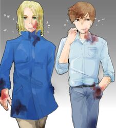  2boys blonde_hair blood blood_on_clothes brown_hair commentary_request facial_hair henry_townshend highres mi3dora8 multiple_boys short_hair silent_hill_(series) walter_sullivan 