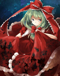  bad_id bad_pixiv_id clothes_lift dress dress_lift female floral_print frilled_dress frills front_ponytail green_hair grey_eyes hair_ribbon highres kagiyama_hina long_hair looking_at_viewer nishigyou_teraa photoshop_(medium) puffy_sleeves red_dress ribbon short_sleeves smile solo touhou 