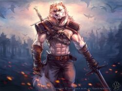  2015 4:3 5_fingers abs anthro anthrofied armor belt biceps big_muscles black_nose bottomwear canid canine canis clothed clothing detailed_background facial_scar fingers forest fur gauntlets geralt_of_rivia gloves handwear harness jewelry looking_at_viewer male mammal melee_weapon muscular muscular_anthro muscular_male outside pants pauldron pecs pendant plant scar solo sword swordsmen the_witcher topless tree walkalone walking weapon white_body white_fur wolf yellow_eyes 