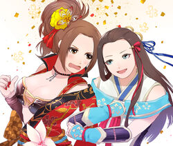  2girls arm_hug armor bad_id bad_pixiv_id black_hair blue_eyes blush breastplate breasts brown_eyes brown_hair choker cleavage floral_print flower hair_flower hair_ornament hair_ribbon hayakawa-dono_(sengoku_musou) kaihime_(sengoku_musou) large_breasts multiple_girls ribbon sengoku_musou sengoku_musou_3 tamami 