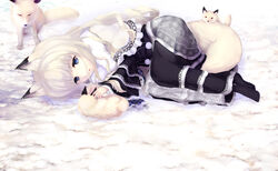  animal_ears black_legwear blonde_hair blue_eyes capelet coffee1223 commentary_request dress female fox fox_ears fox_tail fur_trim long_hair long_sleeves lying no_shoes on_side original snow solo tail wide_sleeves 