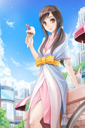  bag blue_sky bow brown_eyes brown_hair cloud commentary_request contemporary day dress female food from_side highres ice_cream ice_cream_cone long_dress long_hair looking_at_viewer outdoors parted_bangs photoshop_(medium) ponytail sash shin_sekai_yori shopping_bag sky smile solo sunimu twintails watanabe_saki 