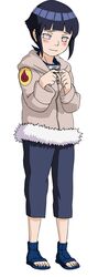  ankles artist_request black_hair blush coat eyebrows feet female fidgeting forehead_protector full_body grey_eyes headband hyuuga_hinata naruto nervous official_art purple_eyes sandals short_hair solo throat toes white_background white_eyes 