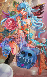  blue_hair breasts cleavage commentary_request female flower hair_ornament long_hair rocbouquet_(saga) romancing_saga romancing_saga_2 saga semper26 smile solo thighhighs 