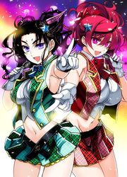  2girls black_hair blue_eyes braid breasts cleavage commentary_request dragon_girl dragon_horns hair_ornament highres horns idol ishida_akira karyuu_koujo large_breasts long_hair looking_at_viewer maou_(maoyuu) maoyuu_maou_yuusha microphone multiple_girls navel plaid plaid_skirt pointing purple_eyes red_eyes red_hair skirt smile star_(symbol) star_hair_ornament 