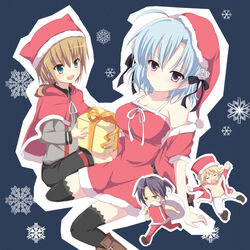  3boys arsene bad_id bad_pixiv_id black_thighhighs cape christmas female grey_hair hair_ribbon hat heart henriette_mystere kaname_ihnk multiple_boys open_clothes open_shirt purple_eyes rat_(milky_holmes) ribbon santa_costume shirt stone_river tantei_opera_milky_holmes thighhighs twenty_(milky_holmes) 