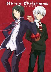  2boys apple bad_id bad_pixiv_id basket black_eyes brown_eyes christmas cosplay costume_switch crossover fate/zero fate_(series) food fruit green_eyes green_hair highres isana_yashiro isana_yashiro_(cosplay) k-project merry_christmas multiple_boys namikawa_daisuke necktie photoshop_(medium) voice_actor_connection waver_velvet waver_velvet_(cosplay) white_hair zkxandy 