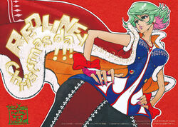  bow christmas cowboy_shot earrings female fingerless_gloves gloves green_hair hands_on_own_hips jewelry koike_takeshi lipstick makeup multicolored_hair narrow_waist official_art pink_nails redline short_hair solo sonoshee_mclaren wide_hips 