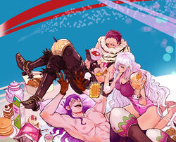  2boys abs barefoot black_hair blue_eyes bodysuit boots breasts brother_and_sister brothers cake charlotte_cracker charlotte_katakuri charlotte_smoothie chocolate_chip_cookie cleavage commentary_request cookie cup curly_hair doughnut female food fur_trim gloves hair_over_one_eye highres juice juice_box large_breasts living_(pixiv5031111) long_hair multiple_boys one_piece photoshop_(medium) pillow purple_eyes purple_hair scar scarf scarf_over_mouth siblings sitting tattoo teacup teapot teeth topless_male 