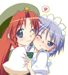  2girls :&lt; :3 blue_eyes blush braid commentary_request fumotono_mikoto grey_hair heart hong_meiling hug izayoi_sakuya long_hair multiple_girls one_eye_closed red_hair short_hair simple_background touhou twin_braids yuri 