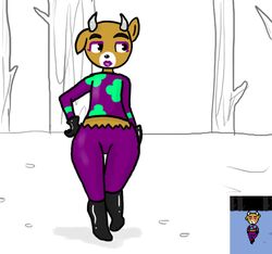  ambiguous_gender anthro antlers biped boots brown_body brown_fur clothing deer faun_(undertale) ficficponyfic footwear fur gloves handwear horn lips makeup mammal plant purple_lips snow solo standing tree undertale undertale_(series) wide_hips 