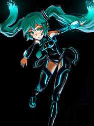  aqua_eyes commentary_request cony_(la_locura) detached_sleeves female green_hair hatsune_miku long_hair neon_lights neon_trim photoshop_(medium) solo tron twintails vocaloid 