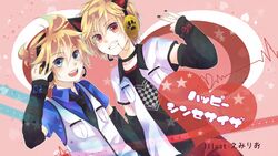  1boy 96neko bad_id bad_pixiv_id blonde_hair blue_eyes female gomano_rio happy_synthesizer_(vocaloid) headphones headset indie_utaite kagamine_len red_eyes utaite vocaloid 