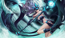  artist_request boots breasts bustier cleavage female gloves janna_(league_of_legends) large_breasts league_of_legends lightning lingerie long_hair midriff official_art photoshop_(medium) pointy_ears solo staff tempest_janna underwear 