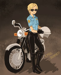  blonde_hair commentary_request cybil_bennett female full_body helmet motor_vehicle motorcycle motorcycle_helmet nfyz police silent_hill_(series) silent_hill_1 solo sunglasses 