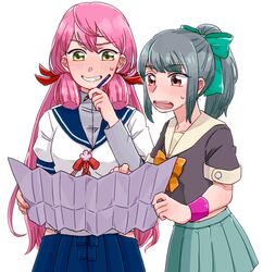  2girls akashi_(kancolle) blue_skirt bow brown_eyes commentary_request green_eyes green_skirt grey_hair hair_ribbon hairbow hip_vent kaisou_(mofuq) kantai_collection long_hair long_sleeves multiple_girls pencil pink_hair pleated_skirt ponytail ribbon school_uniform serafuku skirt smile tank_top tress_ribbon wooden_pencil yuubari_(kancolle) 